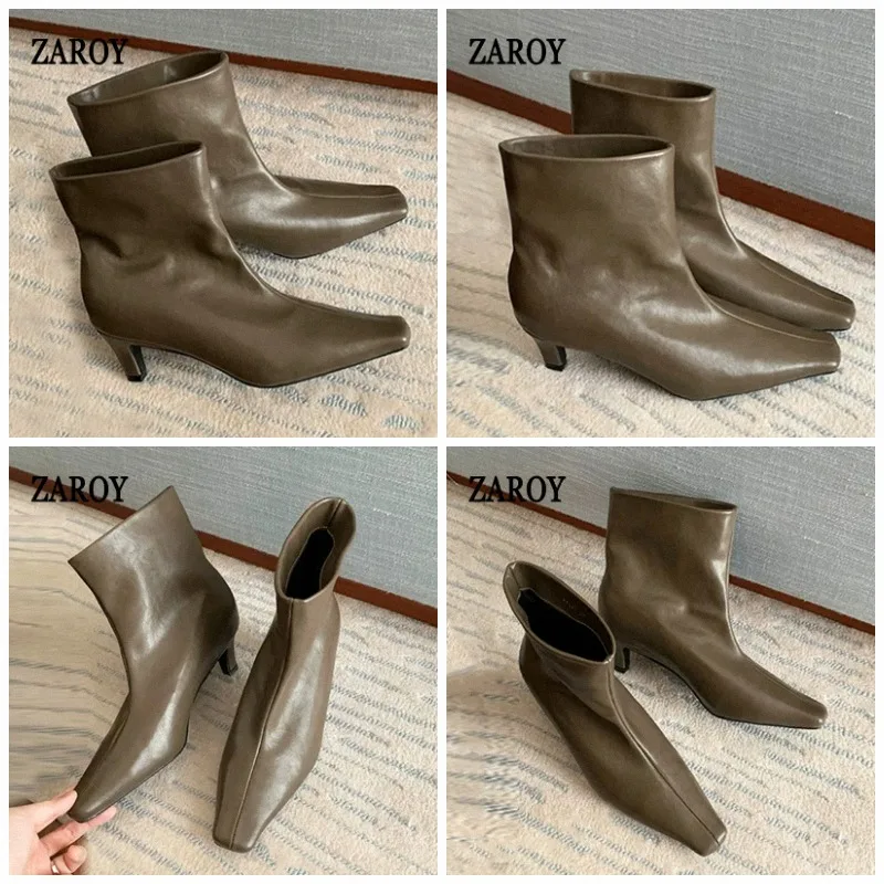 ZAROY Minimalist Leather Ankle Boots Autumn Winter Elegant Women Square Toe Kitten Heel Slip On Designer Modern Short Booties