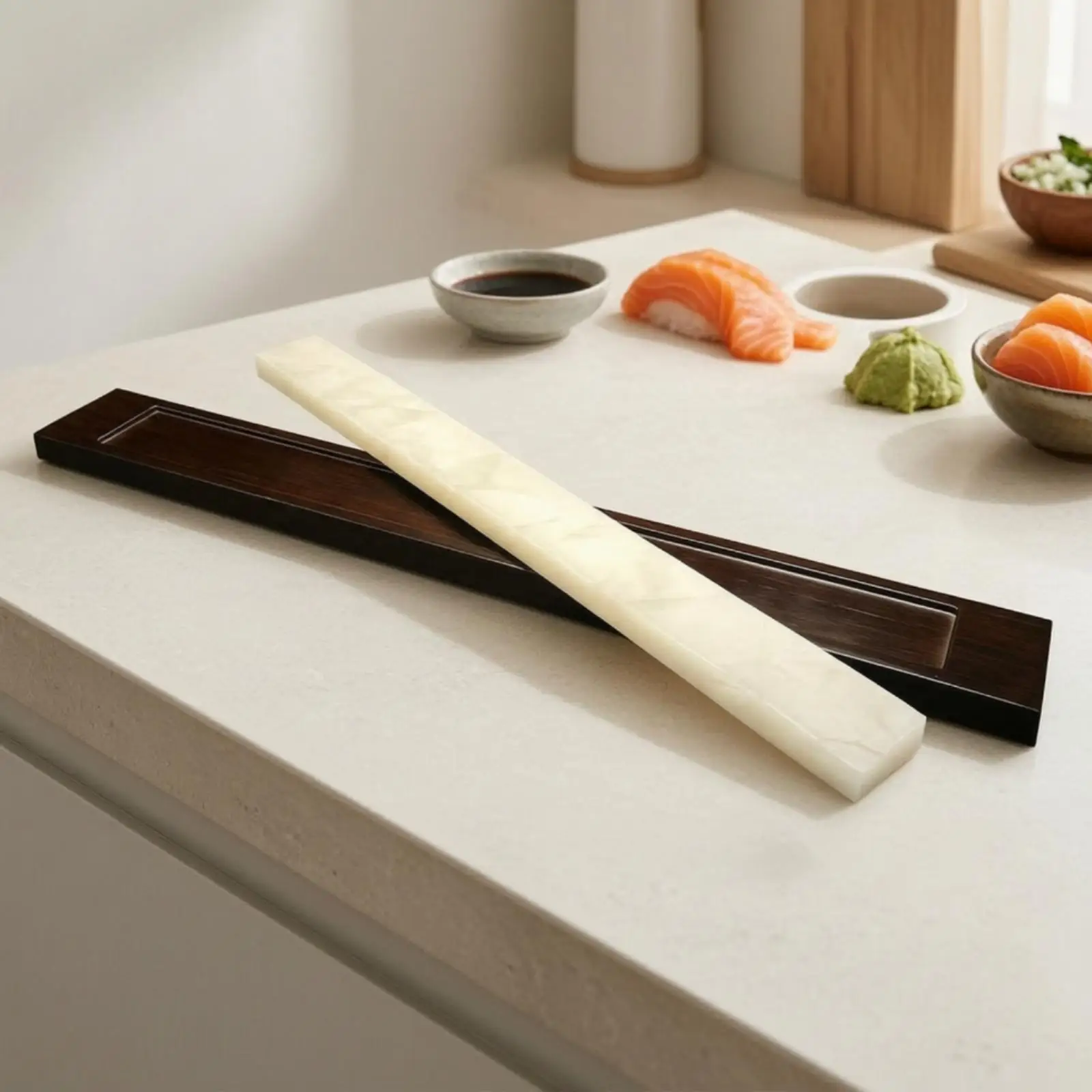 Sushi Serving Platter with Heat Resistant Art Glass Insert Bamboo Wood Tray for Elegant Dining