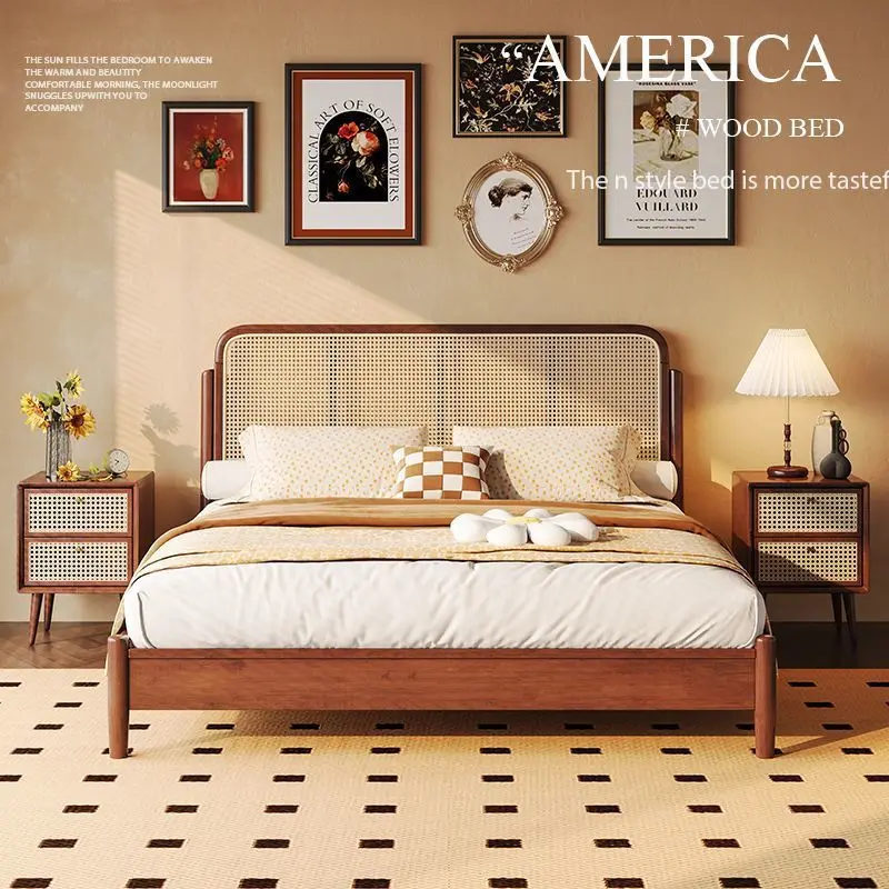 Nordic solid wood rattan bed 1.8m double bed rattan bed covered with ancient walnut simple Japanese and breakfast furniture