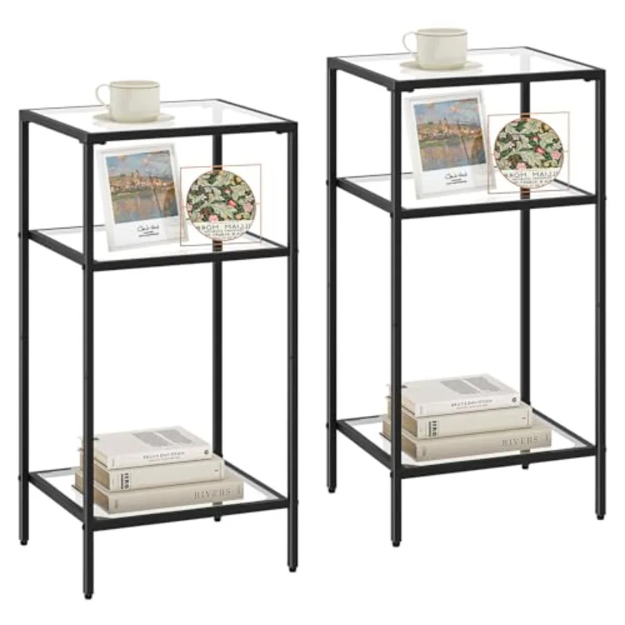 

3-Tier Side Tables Set of 2 End Tables with Tempered Glass Nightstands with Storage Shelves Slim Sofa Tables for Living Room Be