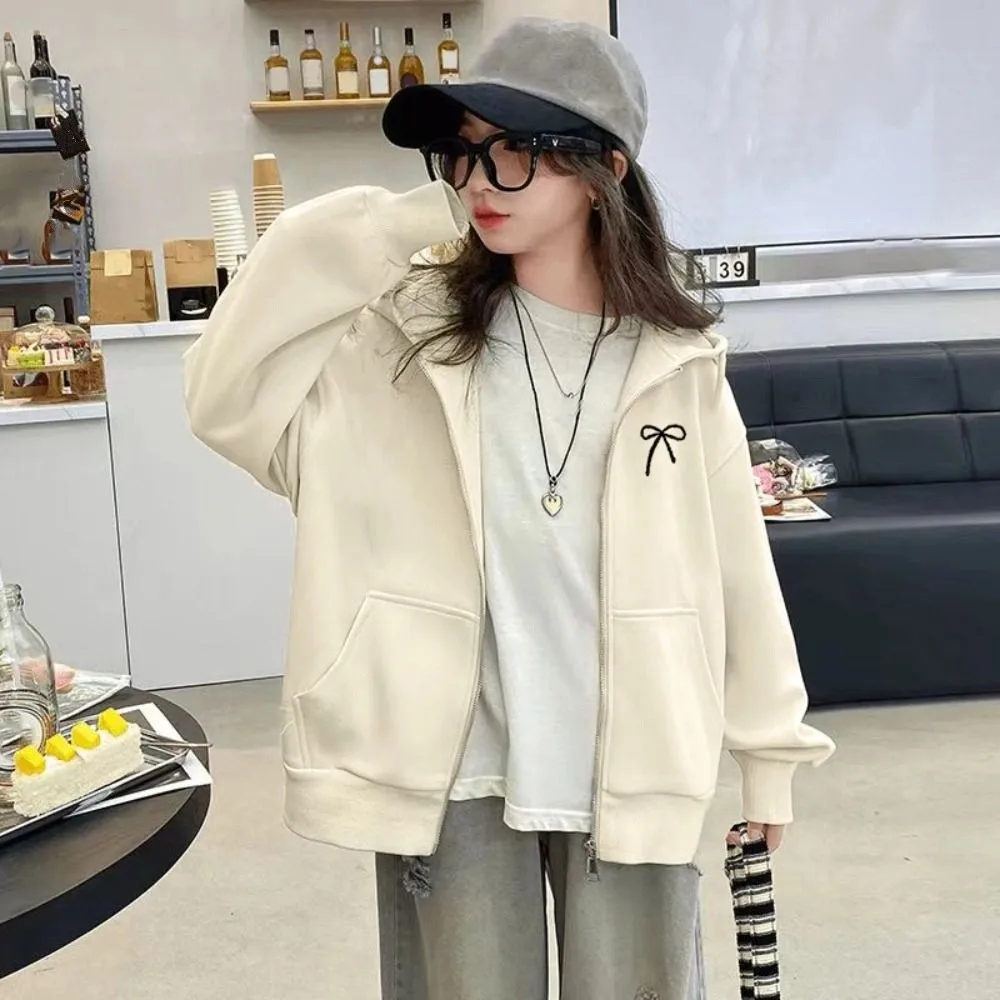 لينة الحلو القوس فتاة Bowknot هوديي الطفل طويلة الأكمام المراهقين الخريف هوديي معطف فضفاض Y2k معطف الفتيات الخريف الشتاء