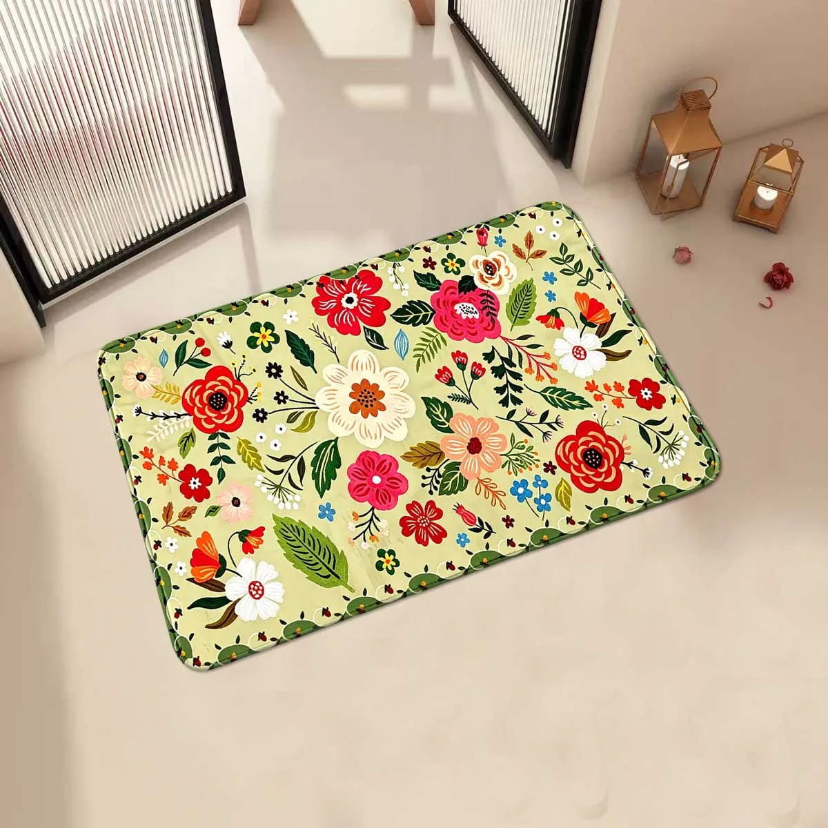1 forest style contrasting flower green leaf floor mat, kitchen and bathroom entrance art floral creative floor mat