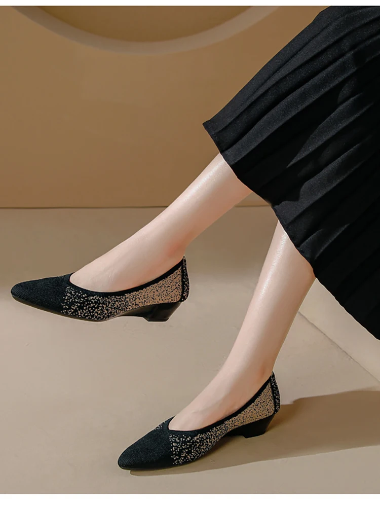 

Slope Heeled Pointed Women's Single Shoes Spring Autumn Fashionable New Shallow Mesh Knitted Mid Heeled Shoes