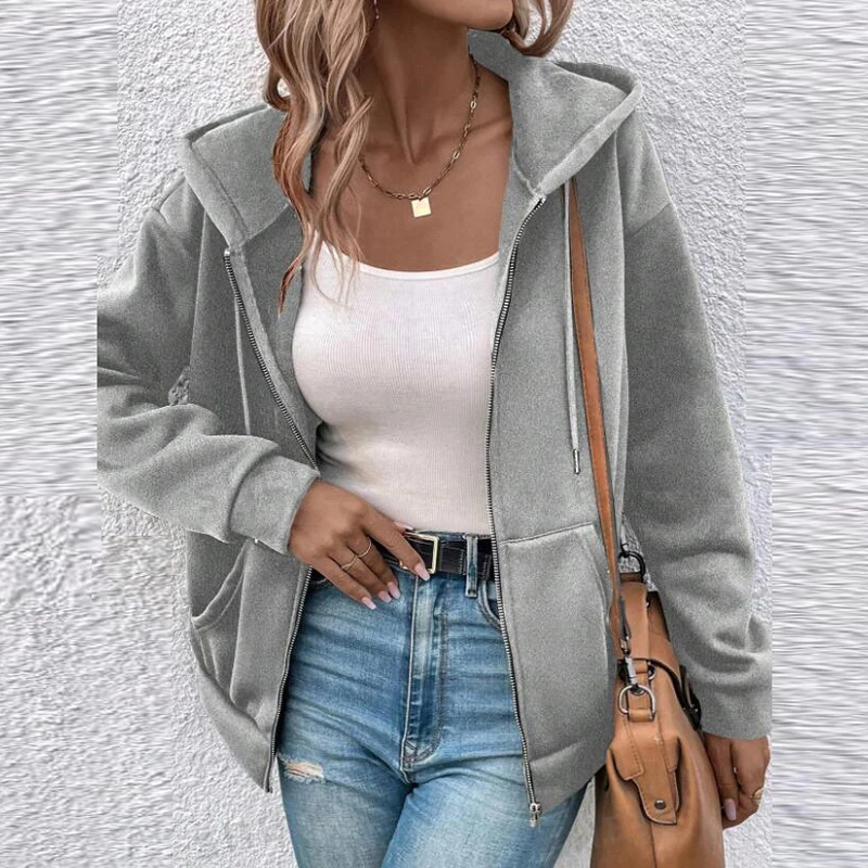 Autumn Winter Solid Drawstring Hoodies For Women Autumn Winter Zipper Jacket Women Coat Oversized Sweatshirt Outwear