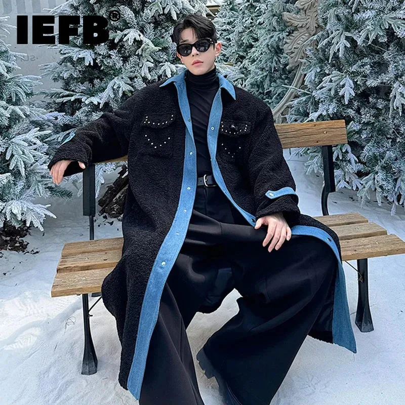 IEFB Korean Style Men's Woolen Coats Denim Patchwork Rivet Lamb Wool Single Breasted Contrast Color Overknee Male Coats 9C8867