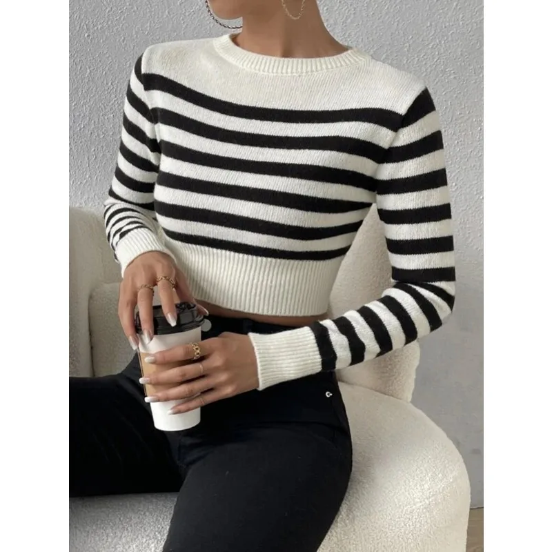 Dames Casual Kleding Dames Strepen Crop Gebreide Top Temperament Woon-Werkverkeer Lente Nieuwe Vrouw Mode Lange Mouw Gebreide Pullovers