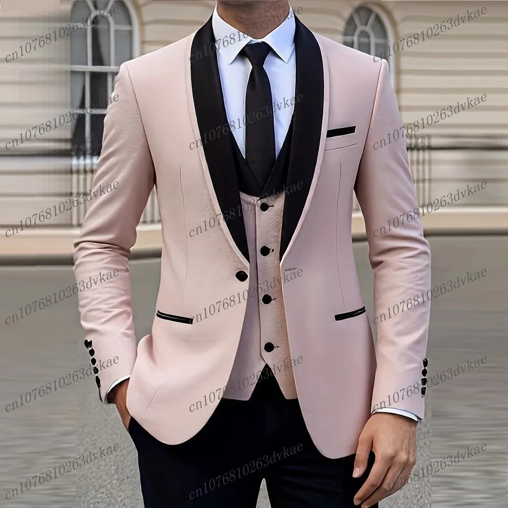 

New Pink And Black Formal Business Men Suit Groom Groomsman Wedding Party Prom Male Tuxedos 3 Piece Set Blazer Vest Pants