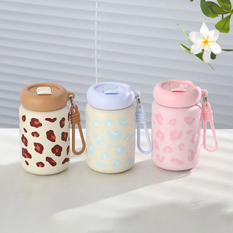 350ml Portable High-value Leopard Print Water Cup with Lifting Rope, Mini Car Carrying Cup, 304 Stainless Steel Insulated Cup
