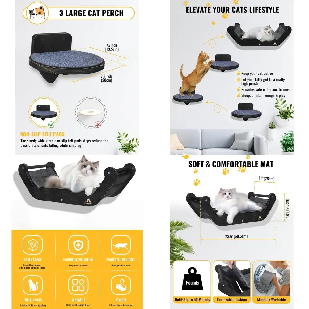 

Compact 3-Tier Wall-Mounted Cat Tree for Small Spaces: Modern Climbing Furniture with Bed for Play and Rest