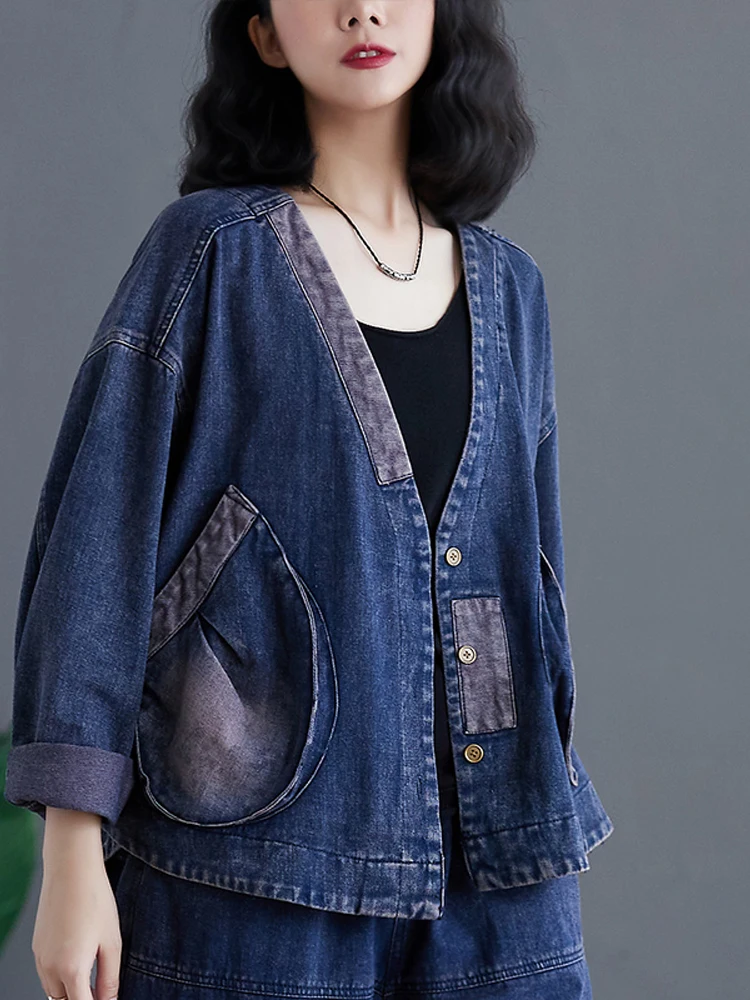 NYFS 2024 Spring Autumn New V-neck Woman Coat Loose Plus Size Casual Long Sleeve Denim Jacket