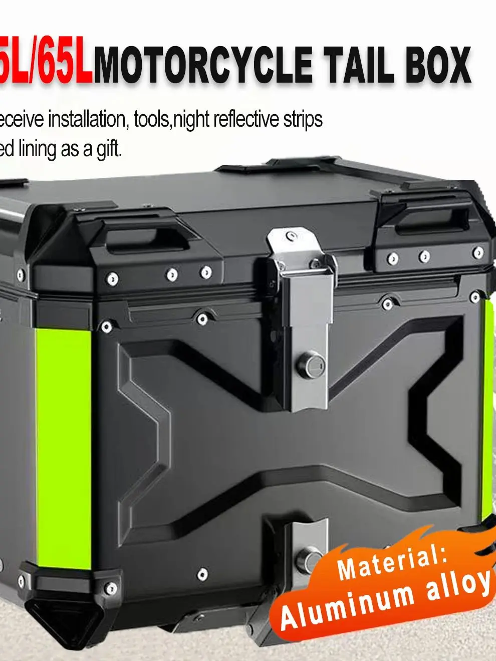 Universele pasvorm 45L/55L/65L achterkoffer voor motorfiets met metalen basis, waterdichte opbergbox met slot & reflecterende stickers gereedschapskist - afbeelding 2