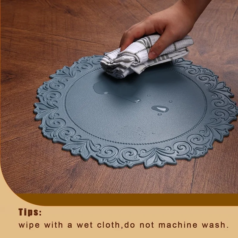 1/6/10PCS Round Kitchen Table Mat European Embossed Waterproof Faux Leather Round Table Placemats for Kitchen Dining Patio 식탁매트