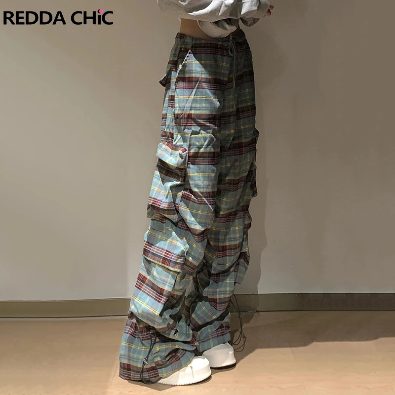 REDDACHiC 90s Tartan Shirring Cargo Pants Women Dancer Hiphop Pockets Drawstring Waist Parachute Wide Pants Lounge Retro Clothes