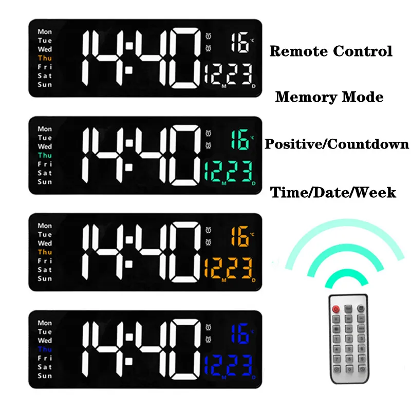 

Large LED Digital Display Wall Clock Home Decoration Remote Control Temperature Time Date Week Power Off Memory Timing Function