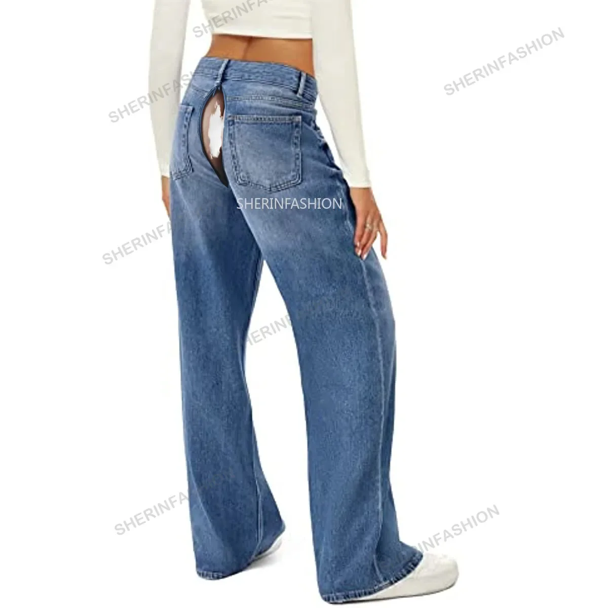 Invisible Open Crotch Pants Wide Leg Bell Bottom Jeans Women Fashion High Waist Loose Trousers Overalls Denim Exotic Hotpants