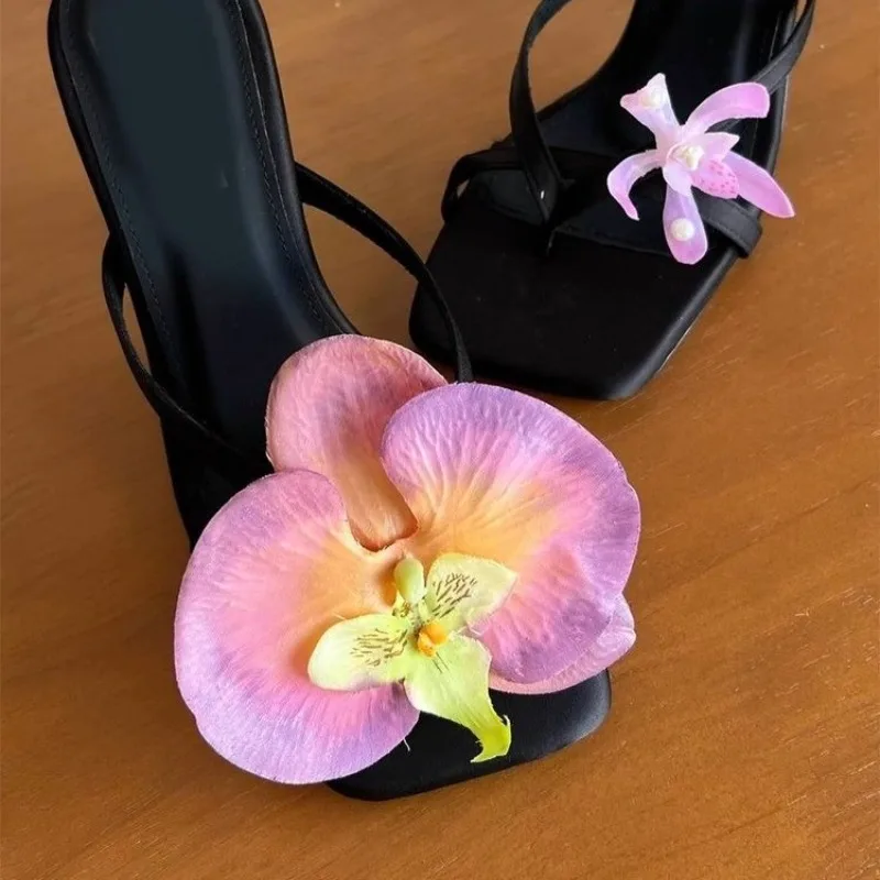 Hawaii Asymmetrical Flower Sandals,Silk Fairy Clip Toe Thin Heels,Women Beach Vacation Flip Flop Sandal,2025 Summer Dress Shoes