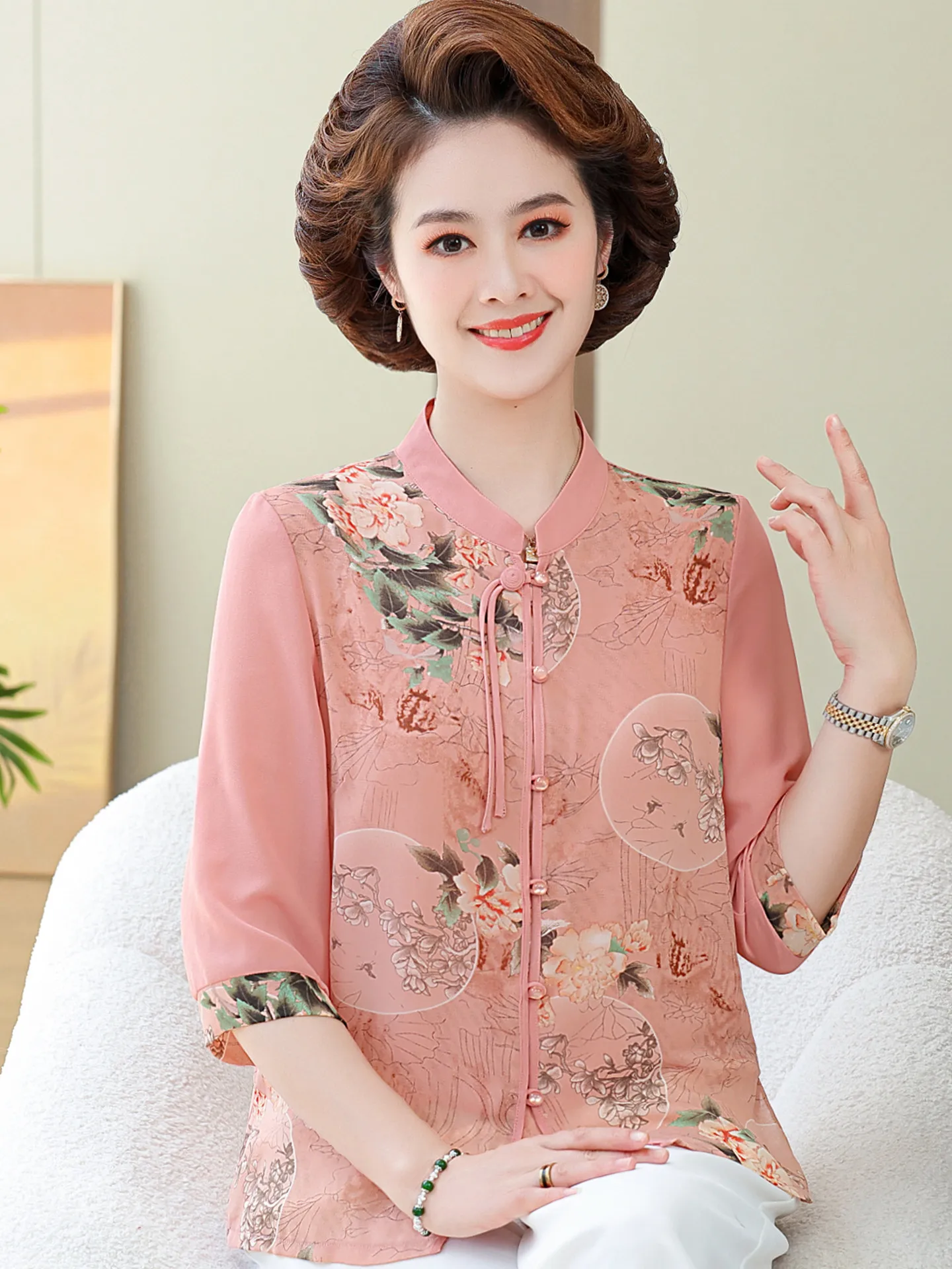 ele-silk-irt-for-middle-aged-and-ly-women-manin-collar-sle-andmotherly-ethnic-faion-summer-wear