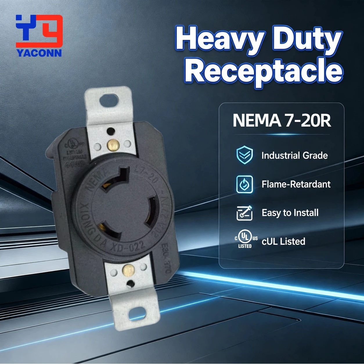 NEMA L7-20R 20A 277V Heavy Duty Locking Receptacle, 2-Pole 3-Wire Grounding Outlet for Generator, Industrial Equipment