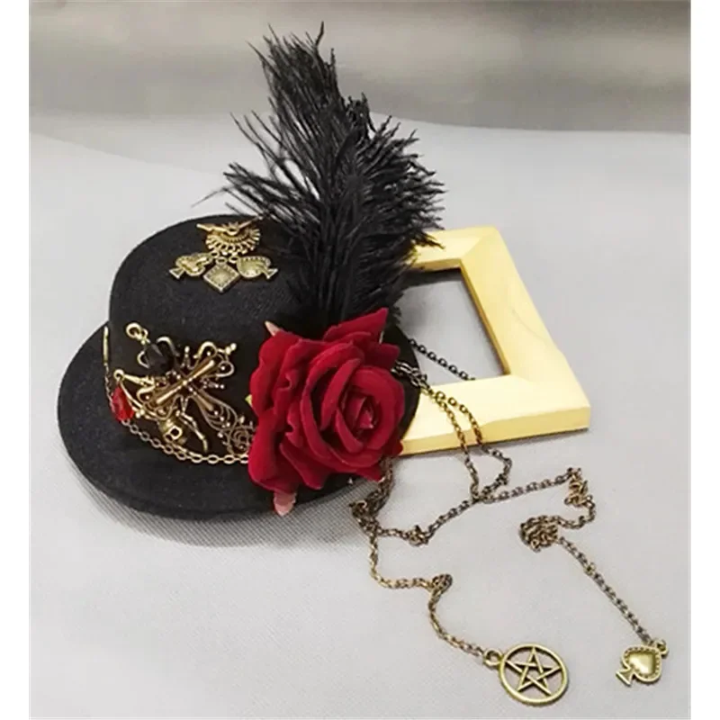 Girls vintage steampunk fedora hat Lolita little hat mini top hat hair clip floral feather decoration headwear headpiece cosplay