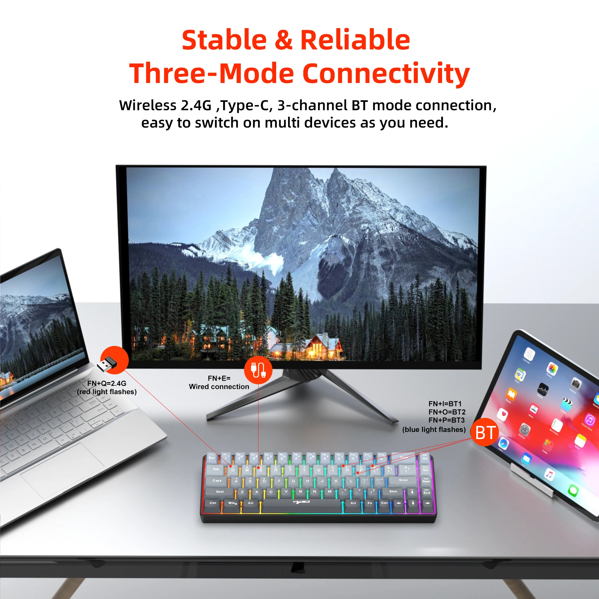 Portable 68 Keys Wired 2.4G USB Bluetooth Wireless Gaming Keyboard USB Wired Portable 20 RGB Backlight Keyboard for Laptops PC