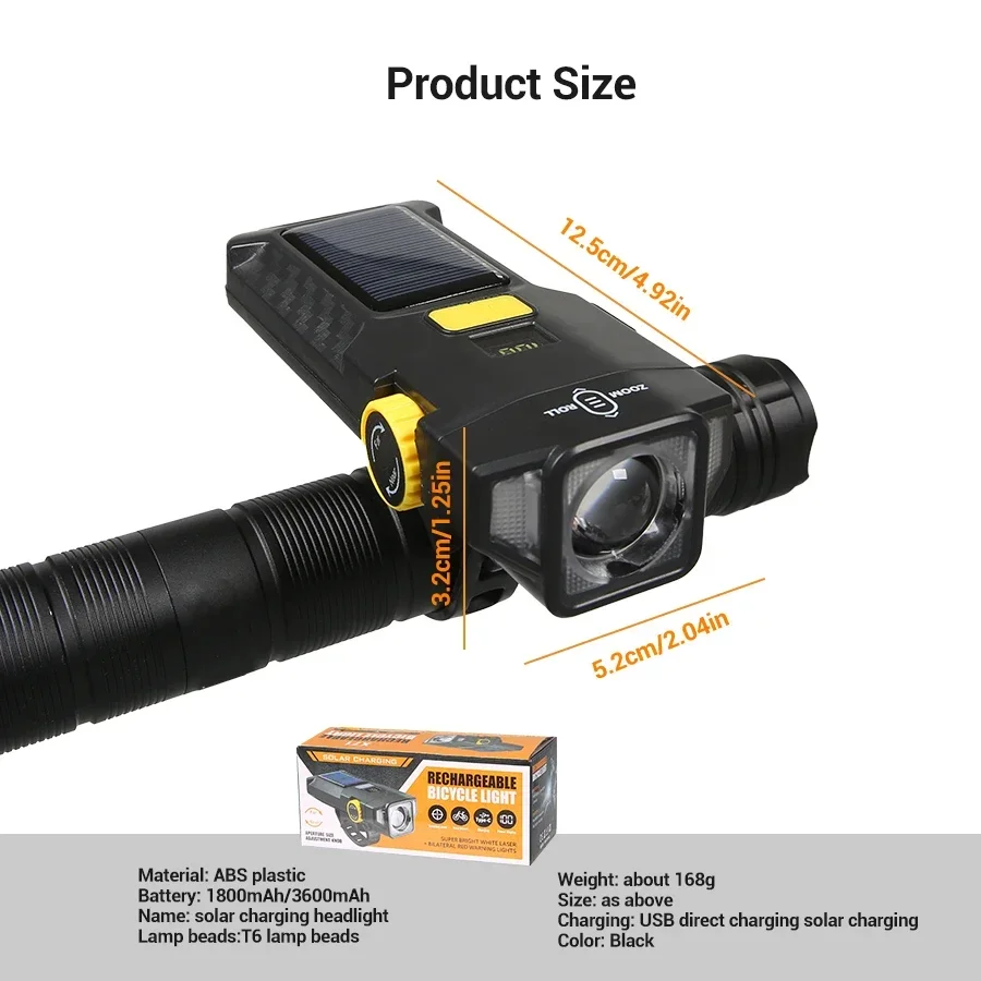 USB Rechargeable Solar Bicycle Light with Power Display MTB Mountain Road Bike Front Lamp Integrated Flashlight for Cycling Safe