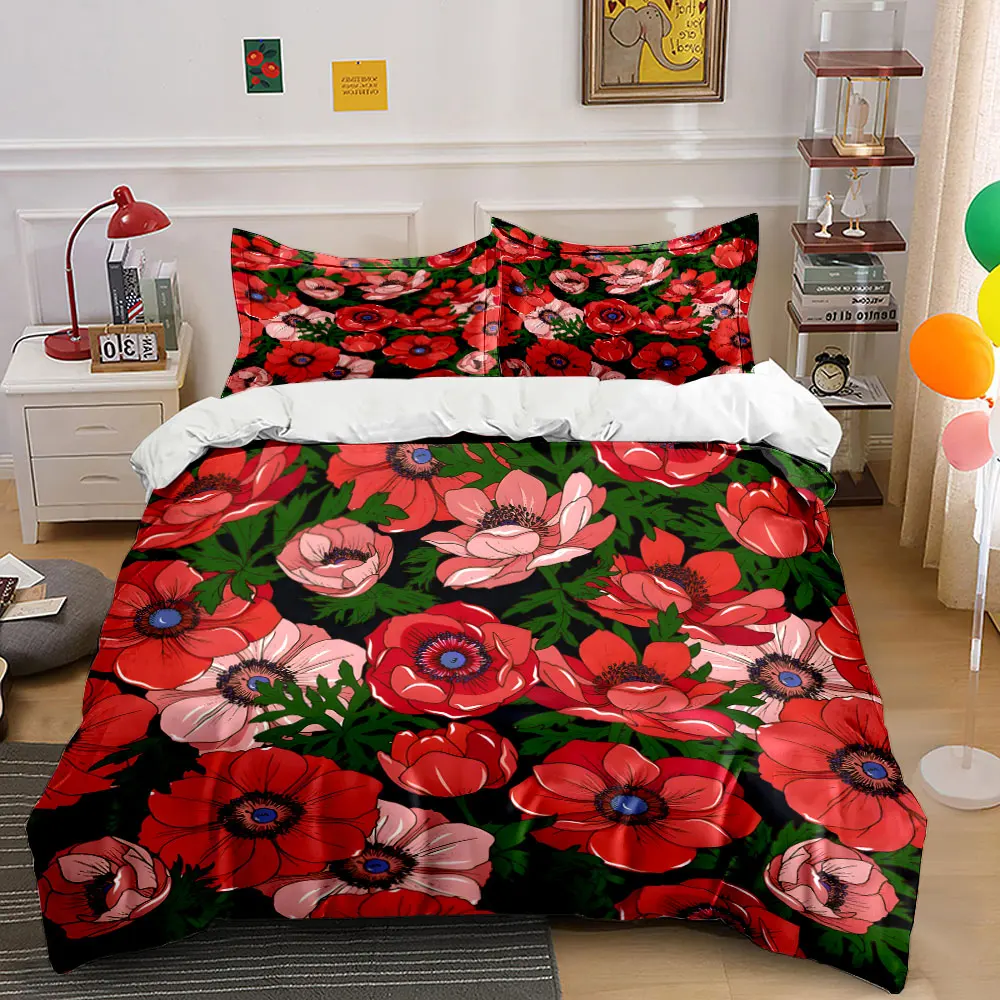 Red and Pink Floral Pattern Printed Duvet Cover Set1 Duvet Cover+2 PillowcaseMulti Size Bedroom Bedding Decor Luxury gifts