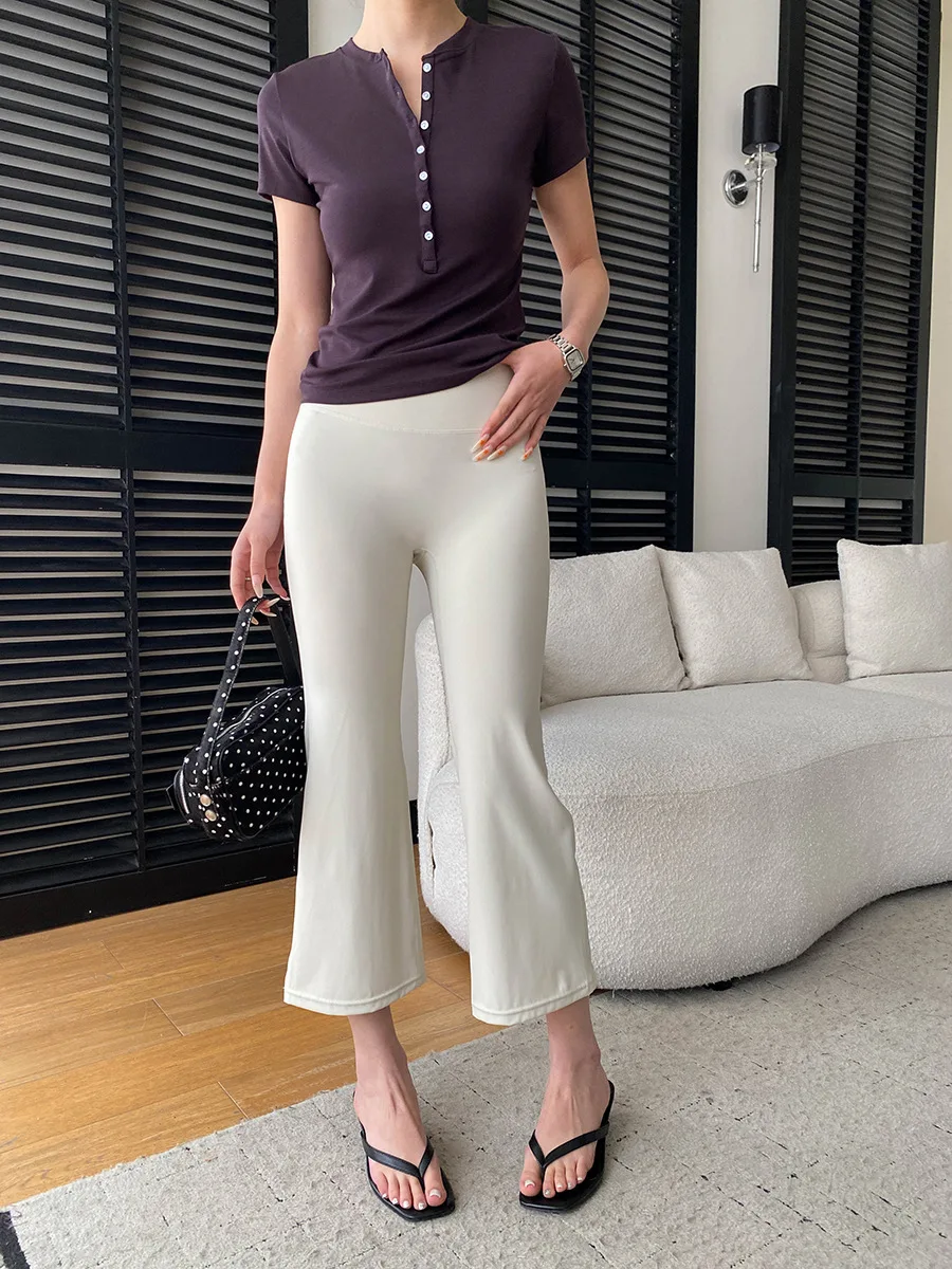 Sommerliche Damen-Yogahose in Uni-Farbe mit hoher Taille, Po-Lifting-Effekt, schmaler Passform, Bambusfaser-Beinen und leicht ausgestelltem Schnitt – Detail 10