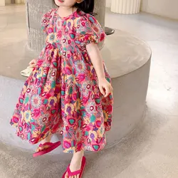 2024 Elegant Fashion Harajuku Slim Fit Children Clothes Loose Casual All Match Princess Dress O Neck Cotton Short Sleeve Dresses