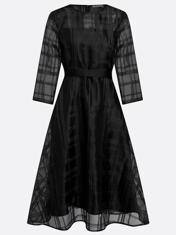 Modigirl Abito scozzese elegante in rete vintage da donna 2026 Ombrello primaverile Maniche semitrasparenti Cena Abiti da donna per riunioni formali