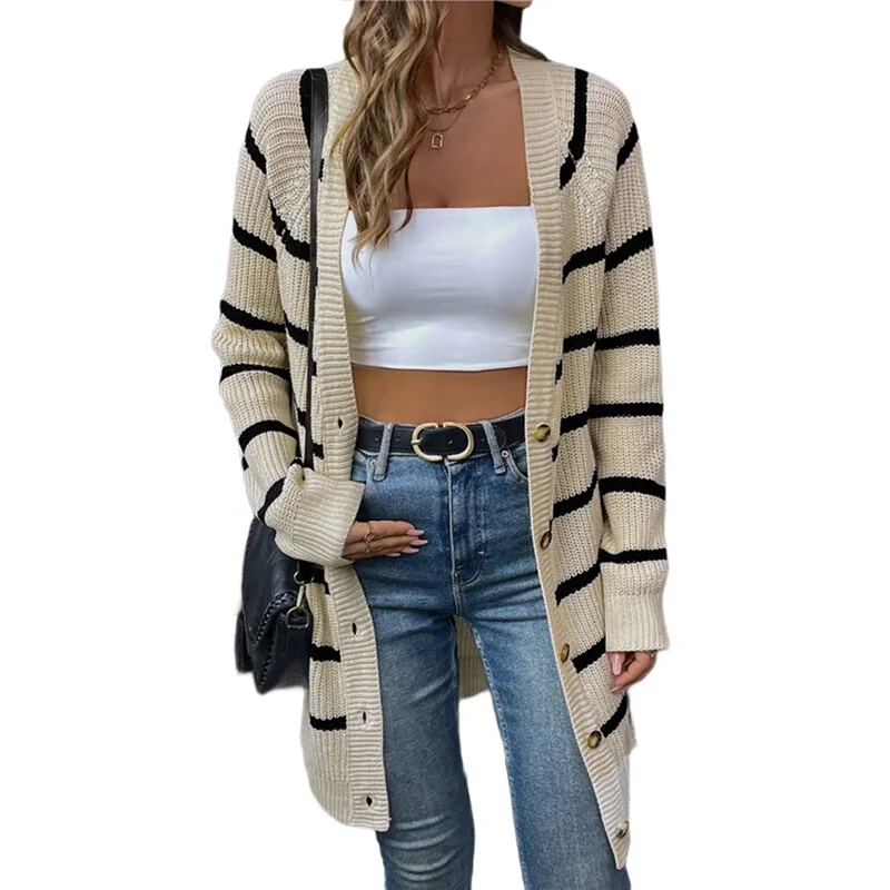 

ABRT-Женский длинный кардиган на пуговицах в полоску, повседневный осенний вязаный свитер