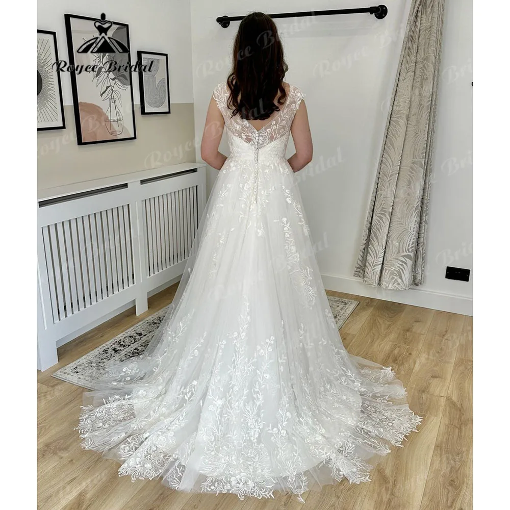 Robe Femme Full Lace V Neck Wedding Dress with Cap Sleeve 2024 Off White Women Bridal Gown Custom Made Vestidos Para Boda Mariag