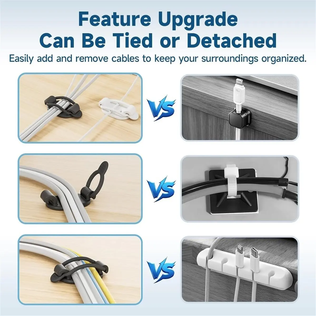 10 Sets Adjustable Cable Management Clips, Self Adhesive Cord Organizer with Elastic Loop, Reusable Cable Holder
