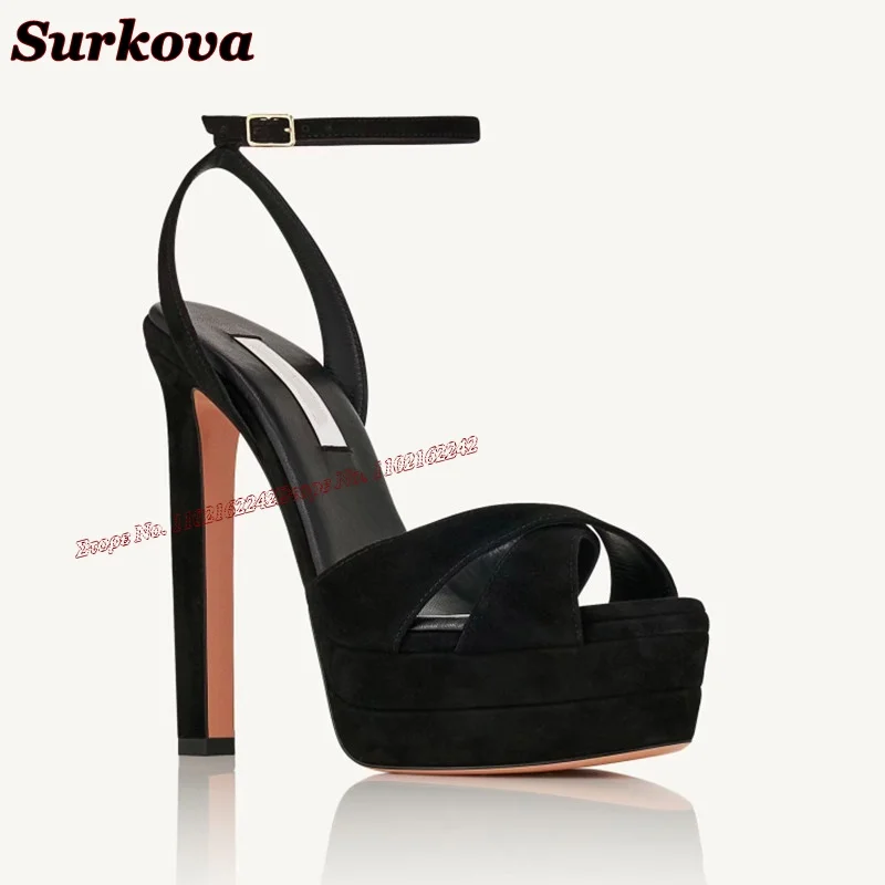 Black Open Toe Genuine Leather High Heels Summer Buckle Strap Double Platform Sandals Women Fashion Elegant Luxury Sandals Ladie