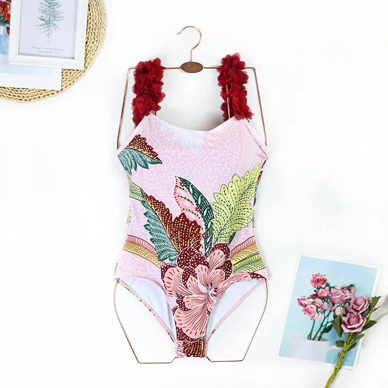 One Piece Swimsuit Swimwear Women Vintage Print Ruffled Flowers Shoulder Straps Backless Bathing Suit Beachwear Banadores Mujer