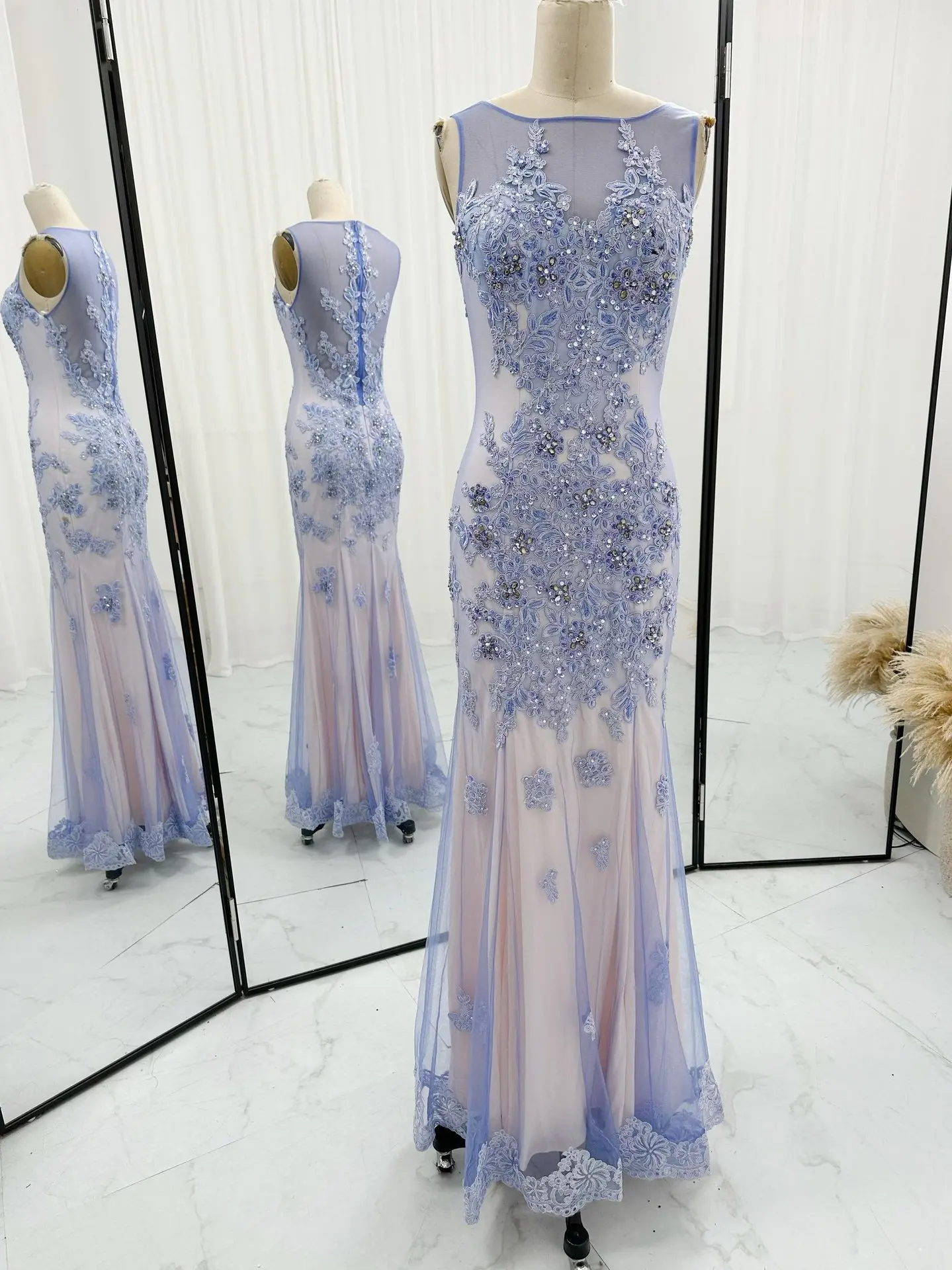 Light Purple High -End Sexy Sleeveless Diamond Jewelry Waist Waist Thin Net Gauze Evening Dress M1465