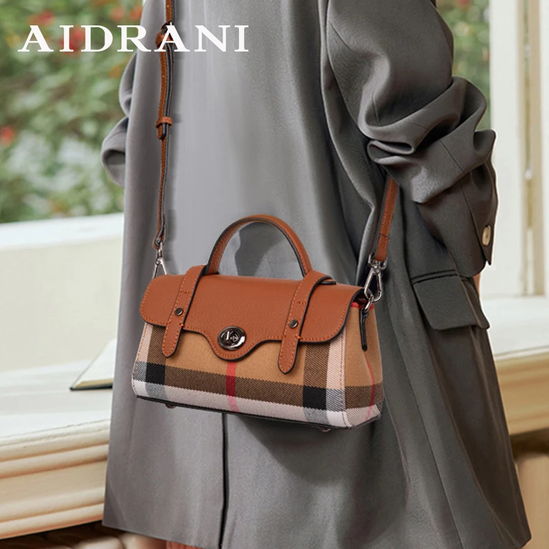 Aidrani  Classic plaid single shoulder crossbody bag, canvas patchwork cowhide mini bag