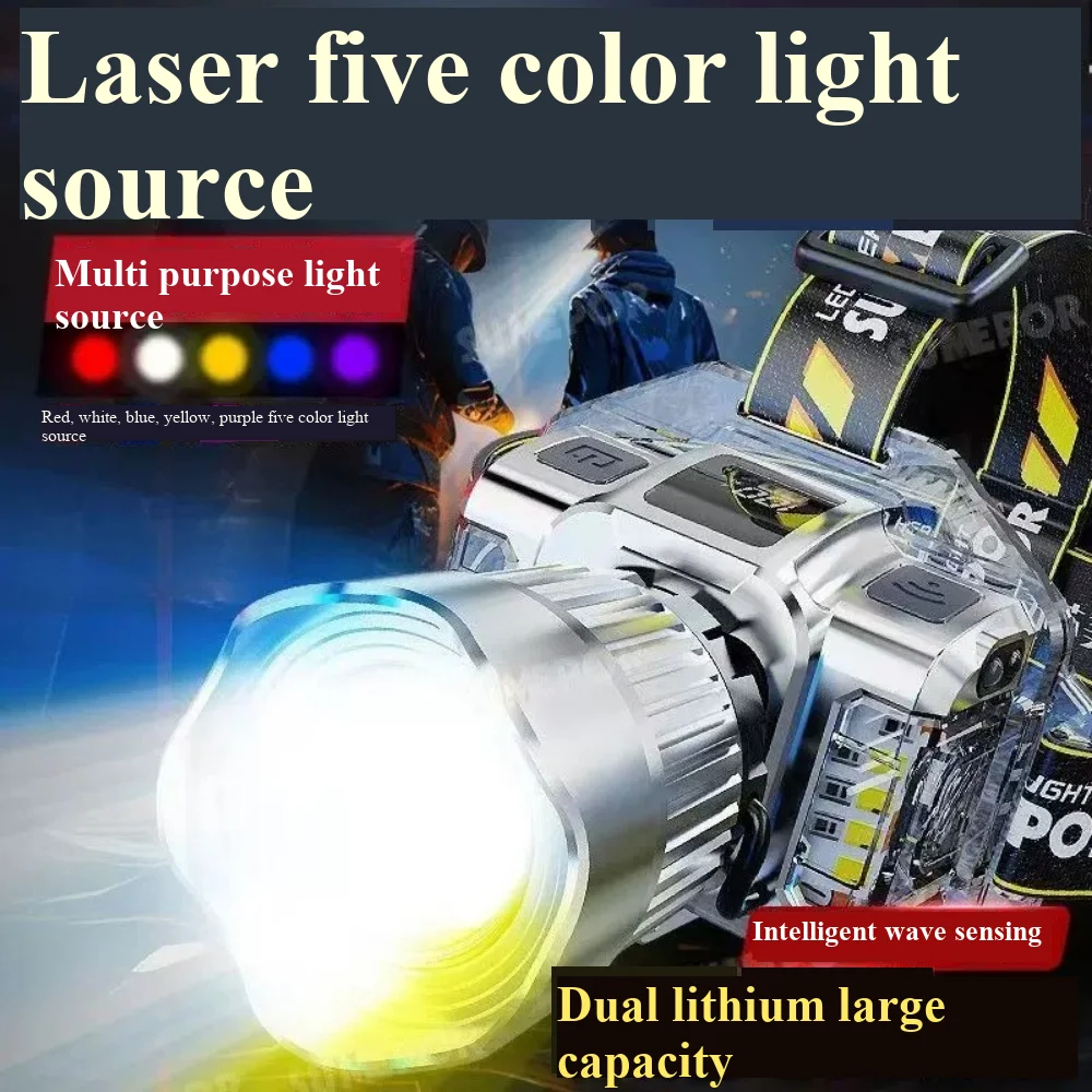 マルチカラーledヘッドライト、ズーム機能付き、白・黄・赤・青・uv、充電式ヘッドランプ、釣り、アウトドア、キャンプ用