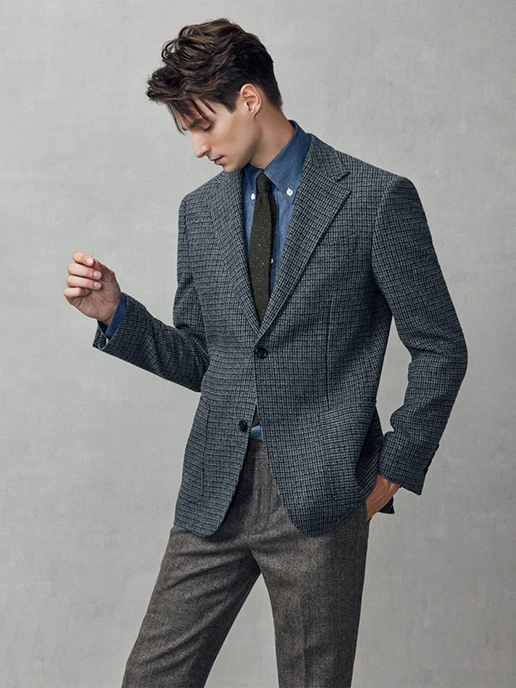 50% Wool Grey Small Plaid Luxury Men Suits Blazer Slim Fit Formal Wedding Groom Wear Christmas Party Dinner Jackets Casual Style