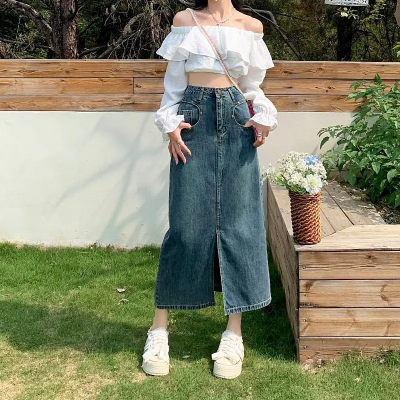

Women's Causal New Long Denim Dress High Wasited Jeans Dress Straight Split A-line Pencil Skirt Lady Hip-covering Straight Skirt