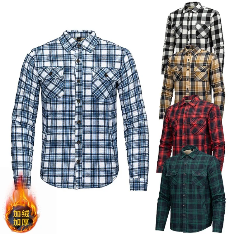 

Men's Fleece-Lined Plaid Shirt for EU/US Market - Cross-Border Sizing (Red/Blue/Khaki Plaid) S-2XL | 20% Cotton Fabric