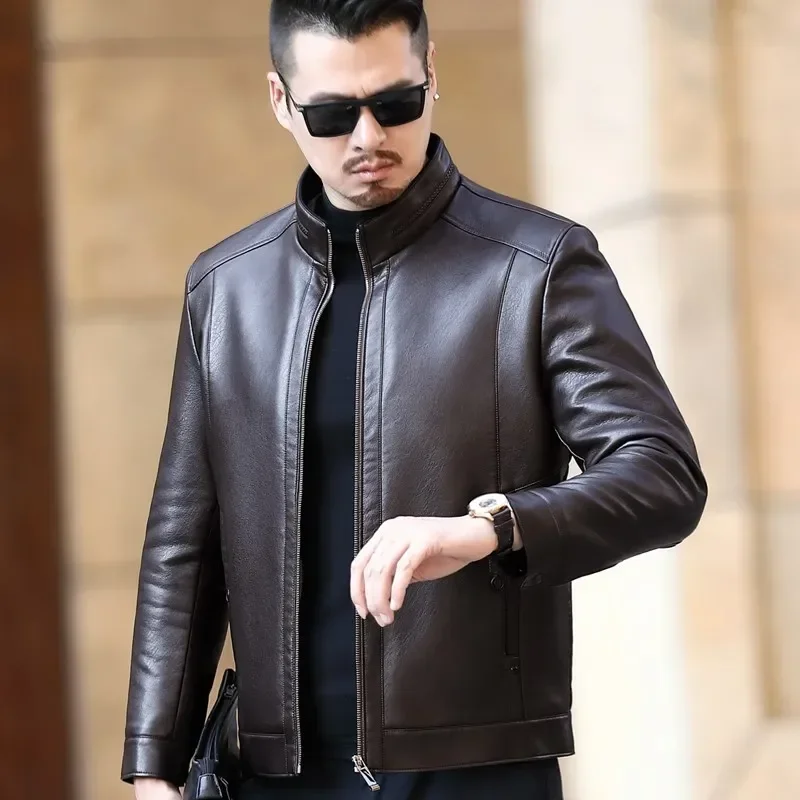 

Winter Men's Genuine Leather Coat With Plush And Thickened Fur Integrated Sheepskin Jacket Short Standing Collar Coat