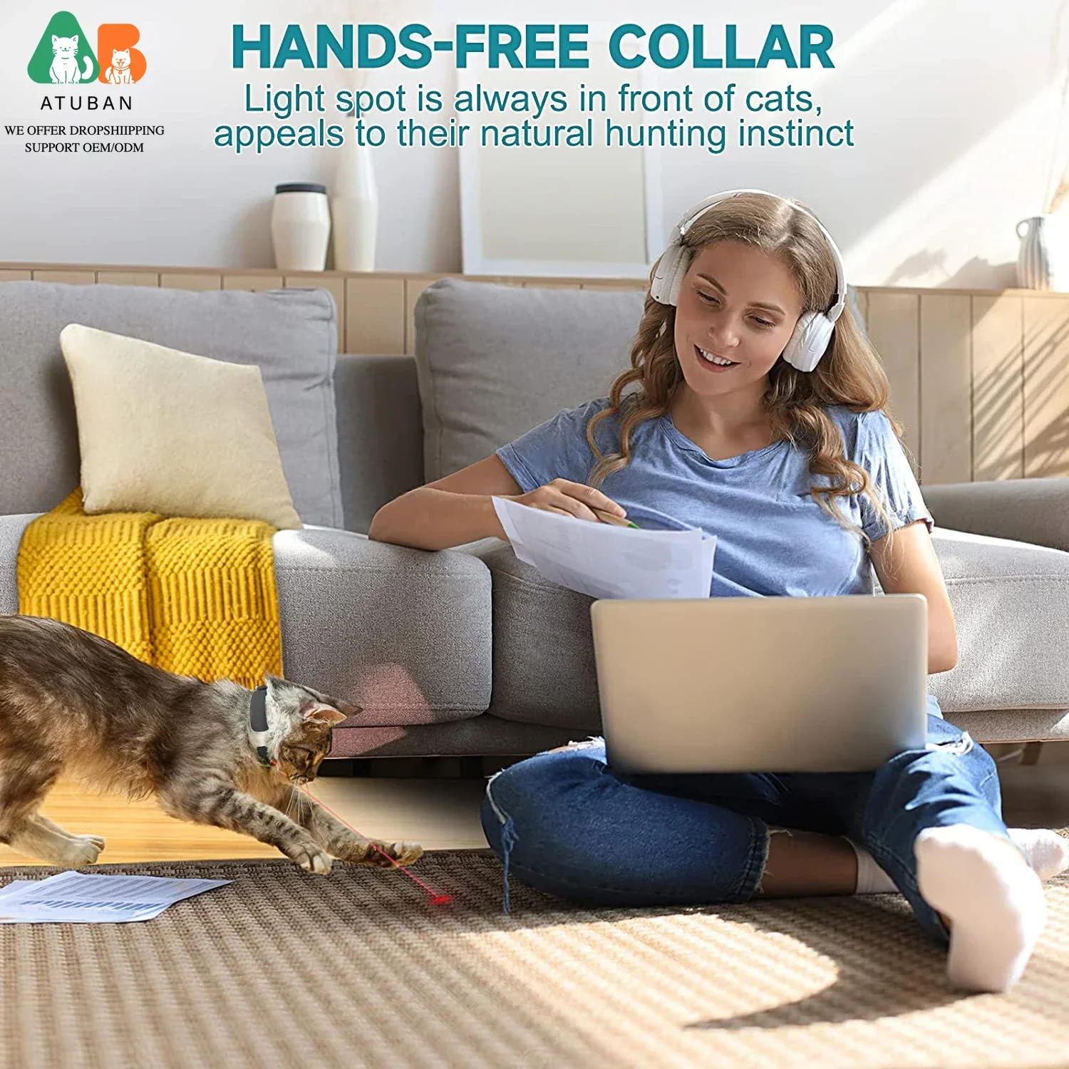 ATUBAN Electric Smart Amusing Collar for Kitten, Wearable Automatic Cat Toys,USB Rechargeable Cat Laser Collar Interactive Toy