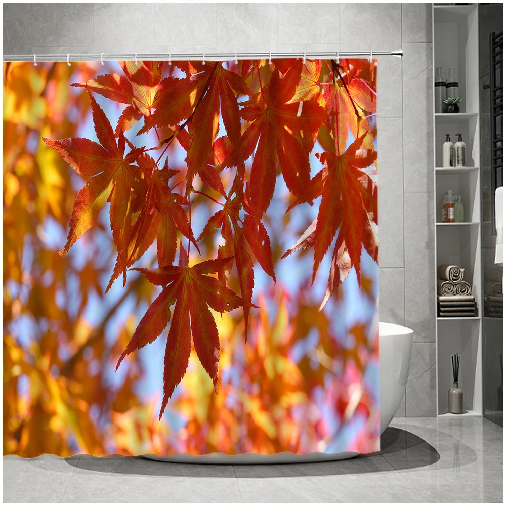 

Autumn Maple Trees Fallen Leaves Shower Curtain Forest Yellow Red Leaf Road Waterproof Fabric Bathroom Bath Curtain with Hooks