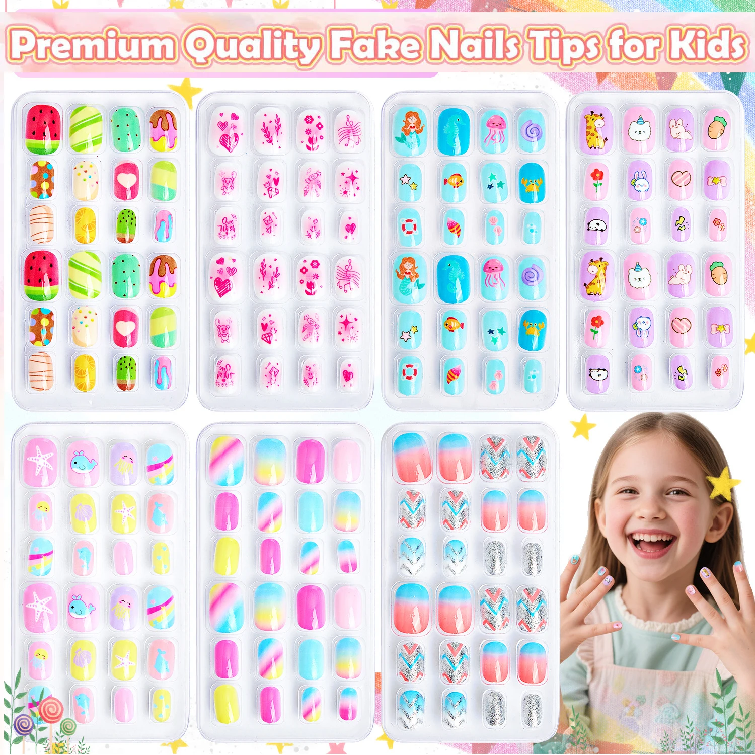 

144 шт., милые красочные накладные ногти для девочек, детские предварительно клеированные ногти, искусственные накладные ногти для девочек, детский дизайн ногтей