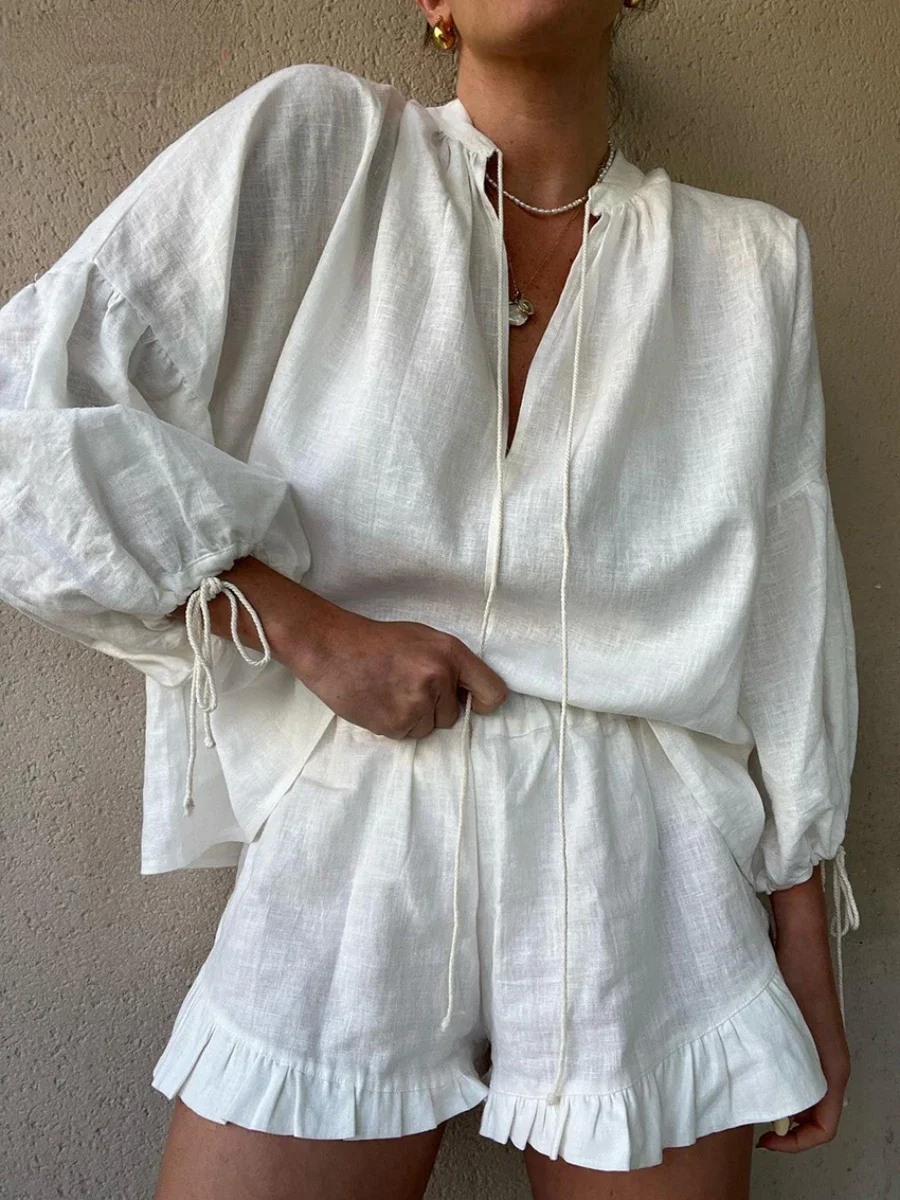 Wolfeel Casual Loose Cotton 2 Piece Sets Women Outfit Elegant Lace-Up Puff Sleeve Shirt With High Waist Ruffle Shorts Set