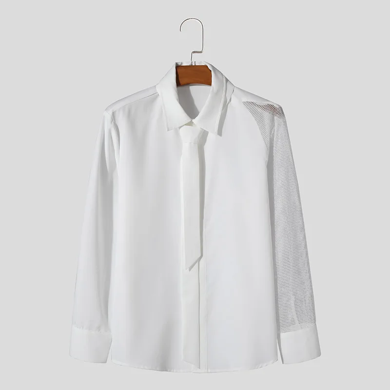 French Men's Mesh Spliced Shirt Casual Fashion Hollow Out Long Sleeve Shirts Spring Solid Color Simple Gentleman Party Tops