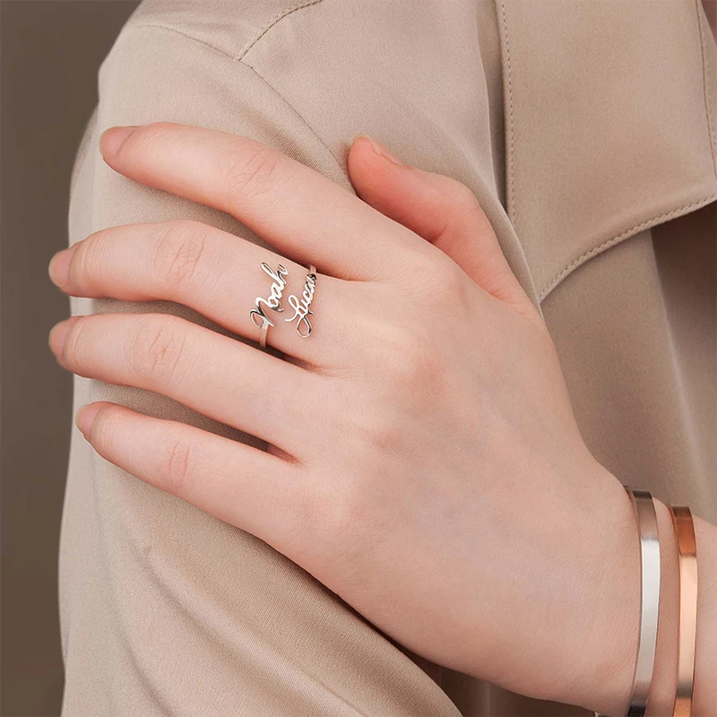 

Custom Open Two Name Ring Plated Nameplate Ring for Couples Husband Wife Family Memorial Gift Unique Engrave Promise Jewelry