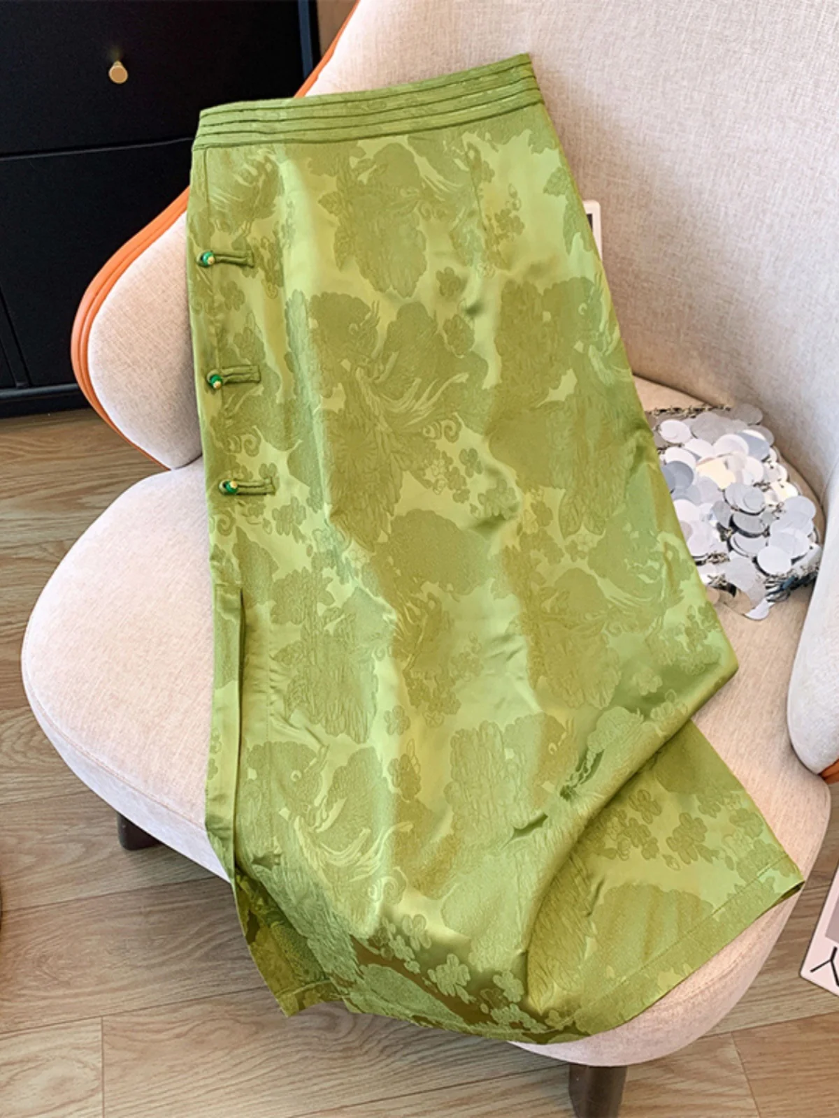 High Waist Green Asymmetrical Hem Acetate Skirt with Button Detailing Women's Summer New Chinese Style National Trend Wrap Bo...