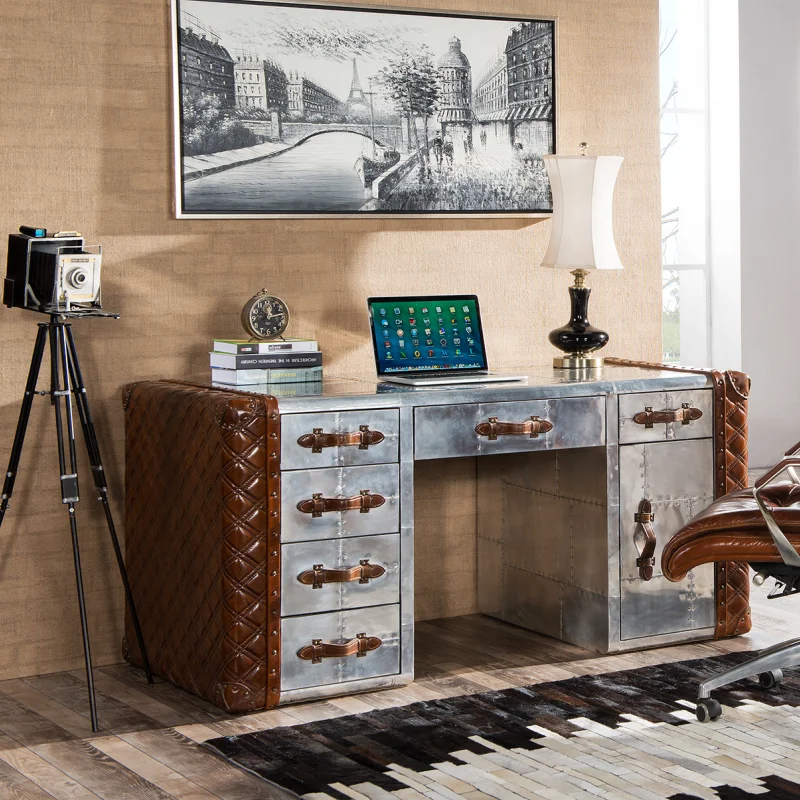 

Customized Loft Industry Furniture Home Office Table Genuine Leather with Metal Aluminium Executive Ceo Office Desk