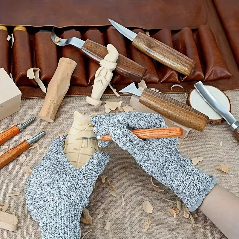 Wood Carving Knife Set Walnut Handle Curved & Straight Blades Hand Carving Tools Wood Paring & Scraping Knives for Woodworking.